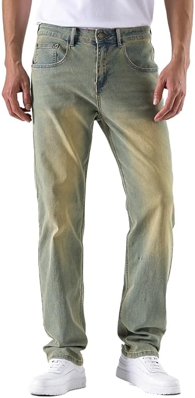 Men's Baggy Slim Fit Stretch Work Jeans - Straight Loose Blue Elastic