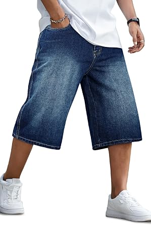 Mens Baggy Jean Shorts Loose Fit Long Denim Shorts Below Knee 15 Inch Inseam