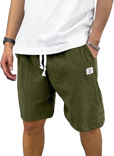 Mens Corduroy Shorts Casual Elastic Waist Drawstring Summer Beach Loose Fit Shorts
