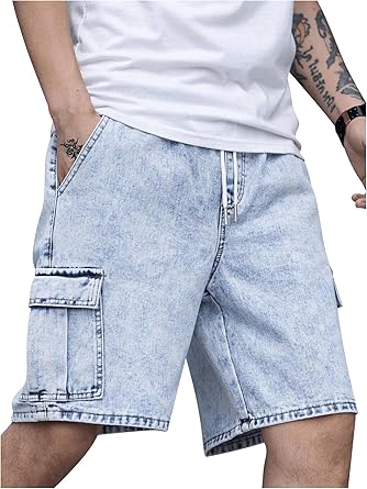 Men's Drawstring Elastic Waist Flap Pocket Straight Cargo Jean Denim Shorts