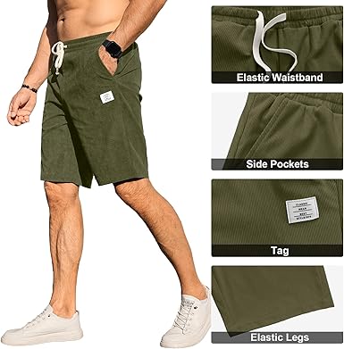 Mens Corduroy Shorts Casual Elastic Waist Drawstring Summer Beach Loose Fit Shorts