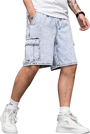Men's Drawstring Elastic Waist Flap Pocket Straight Cargo Jean Denim Shorts