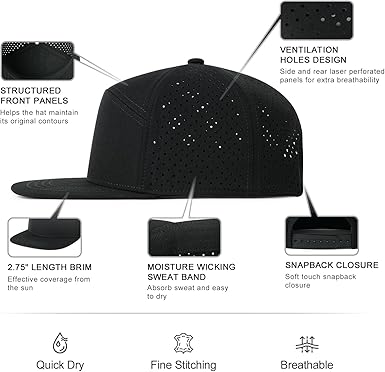Men Flat Brim Adjustable Performance Hat Snapback Laser Perforated Baseball Cap