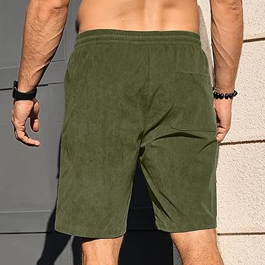 Mens Corduroy Shorts Casual Elastic Waist Drawstring Summer Beach Loose Fit Shorts