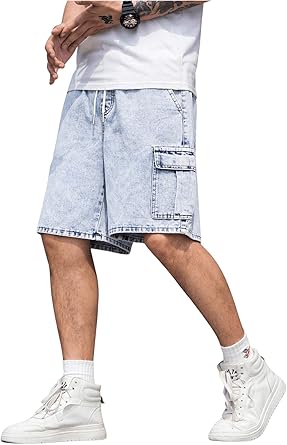 Men's Drawstring Elastic Waist Flap Pocket Straight Cargo Jean Denim Shorts