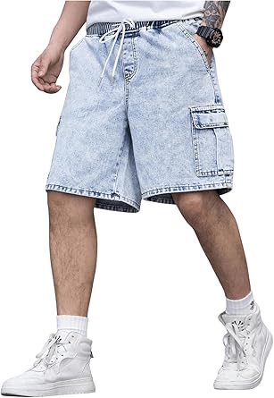 Men's Drawstring Elastic Waist Flap Pocket Straight Cargo Jean Denim Shorts