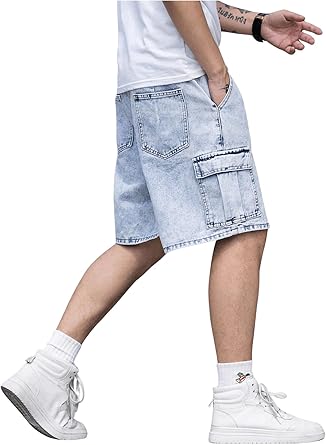 Men's Drawstring Elastic Waist Flap Pocket Straight Cargo Jean Denim Shorts